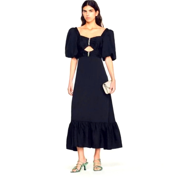 SANDRO PARIS NWT FALBELA  EMBELLISHED DETAIL BUST MIDI DRESS SIZE EU 38 - Picture 1 of 6